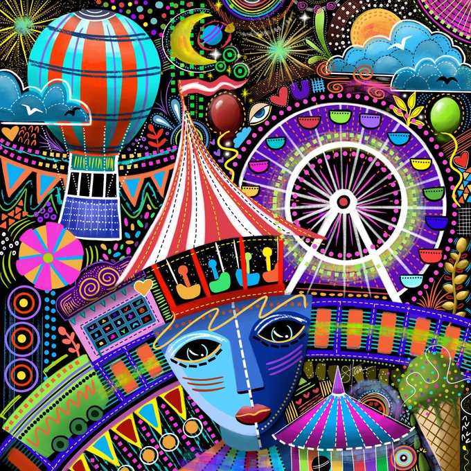 A vibrant, psychedelic illustration of an amusement park or carnival featuring a blue face mask, a Ferris wheel, a circus tent, a hot air balloon, and fireworks.