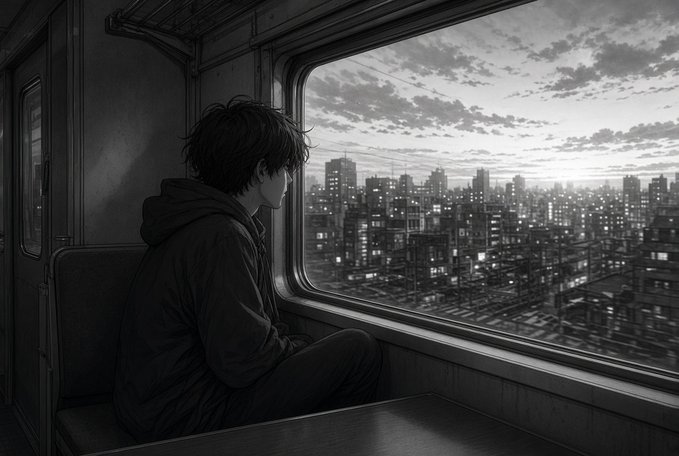 A black-and-white anime-style illustration of a young man in a hoodie sitting alone on a train, gazing out at a sprawling city skyline at dusk.