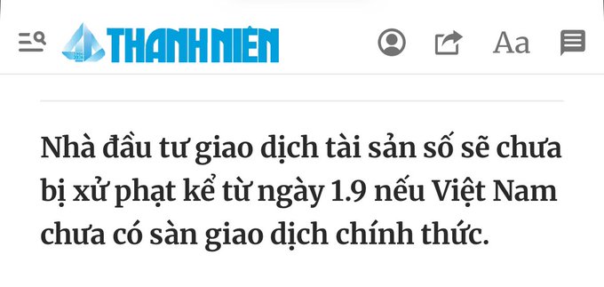 A news screenshot from 'THANH NIÊN' with Vietnamese text stating 'Nhà đầu tư giao dịch tài sản số sẽ chưa bị xử phạt kể từ ngày 1.9 nếu Việt Nam chưa có sàn giao dịch chính thức.'