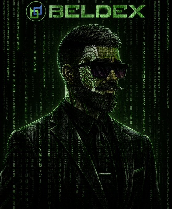 A digital artwork of a bearded man wearing sunglasses and a suit with circuitry patterns on his face, set against a green Matrix-style code background with the text 'BELDEX' and its logo at the top.