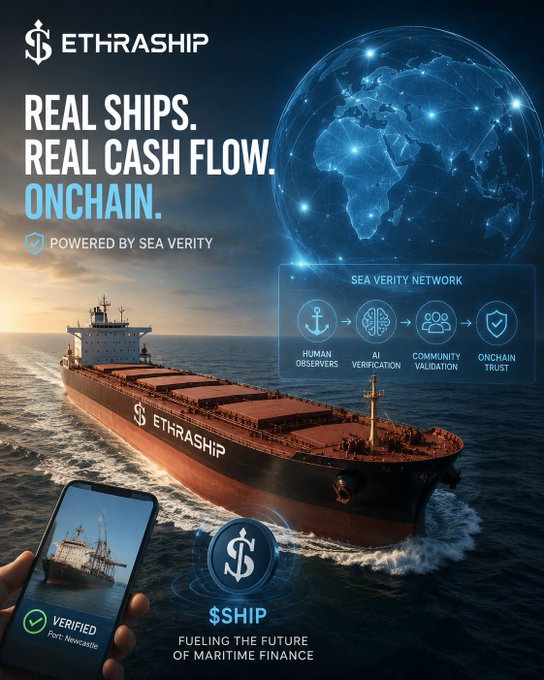 A promotional graphic for 'ETHRASHIP' advertising 'REAL SHIPS. REAL CASH FLOW. ONCHAIN.' powered by Sea Verity, showing a cargo ship, a digital globe, and a flowchart of the Sea Verity Network (Human Observers, AI Verification, Community Validation, Onchain Trust) with a mobile phone displaying 'Verified Port: Newcastle' and '$SHIP FUELING THE FUTURE OF MARITIME FINANCE'.