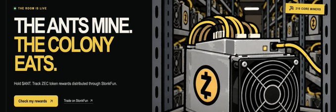 A promotional banner for the Solana token $ANT featuring a crypto mining rig with the tagline "THE ANTS MINE. THE COLONY EATS." advertising 219 core winners and rewards distribution through StonkFun, showing check rewards and trade on StonkFun buttons.