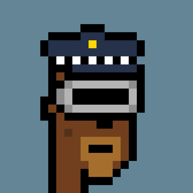 A pixel art portrait of CryptoPunk #6669, featuring the character wearing a police cap and an exaggerated wide-mouth expression, displayed against a blue background. The image corresponds to the listed sale of Punk #6669 for 31.99 ETH on cryptopunks.app.