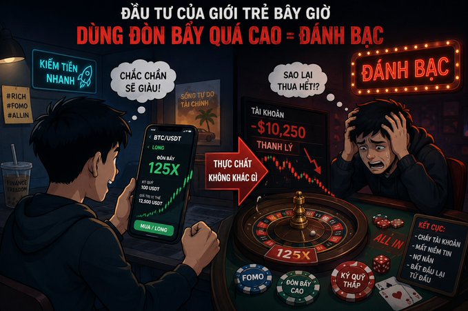 A Vietnamese-language illustration warning about youth investing risks, comparing overleveraged investment ('Đòn bẩy quá cao') to gambling ('Đánh bạc'), with imagery of a young man checking a phone showing 125x leverage and another distressed figure with a roulette wheel.