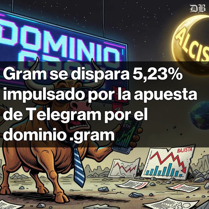 A cartoon bull in a tie holding a phone showing a BTC/ETH chart, with Spanish text reading 'Gram se dispara 5,23% impulsado por la apuesta de Telegram por el dominio .gram' over a 'DOMINIO' neon sign.
