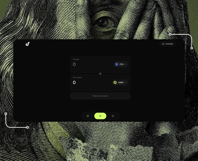 A dark-themed crypto swap interface displays ETH to USDC conversion functionality with zero amounts entered, set against a textured artistic background featuring a classical engraving of a face. The swap button highlighted in green visually demonstrates the working token swapping feature mentioned in the progress update about functional swaps and verified contracts.