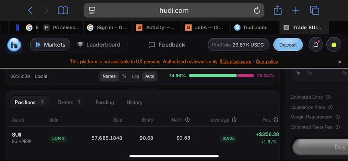 The image shows the hudi.com trading platform interface, featuring a long position of 57,685.1848 SUI-PERP at $0.68 with 2.00x leverage and an unrealized PNL of +$356.38 (+1.82%), alongside a portfolio balance of 29.87K USDC. This relates to the post about the final day of exploring the Hudi platform, with details on its design team, branding inspiration, and community acknowledgments shared during a SUI-focused discussion.