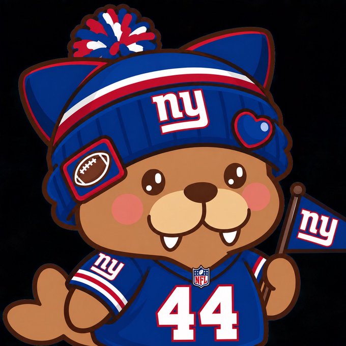 A cartoon illustration of a brown cat character dressed as a New York Giants fan, wearing a blue jersey with the number 44 and a matching beanie, holding a Giants pennant flag.