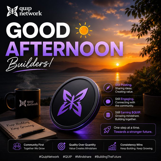 The image features a purple butterfly-shaped object, possibly a mouse pad or a coaster, sitting on top of a wooden table next to a black mug with a white logo. The background shows a sunset over water, creating a serene atmosphere. Below the butterfly design, there is text that reads "Good afternoon builders!". This message encourages people to engage in building mindshare and contributing value over time rather than focusing solely on one viral post or attention grabber.