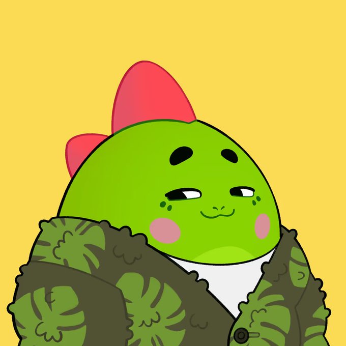 An illustration features a cute green cartoon character with a smug expression wearing a red bow on its head and a green leaf-patterned jacket, set against a yellow background.