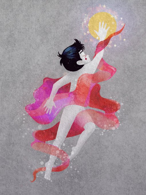 An illustration of a pale figure with short black hair floating upward, wrapped in flowing pink and red ribbons while reaching toward a golden moon.