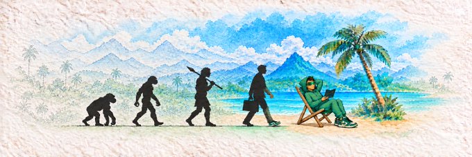 A watercolor illustration depicts the evolution of man, ending with a relaxed figure in modern clothes sitting in a beach chair with a laptop under a palm tree by the mountains.