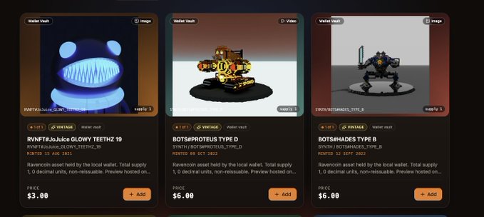 A screenshot of an NFT marketplace displaying three 'Water Vault' digital asset listings, including 'RVN#T#JuJuice GLOWY TEETHZ 19' priced at $3.00, 'BOT5#PROTEUS TYPE D' at $6.00, and 'BOT5#HADES TYPE B' at $6.00.