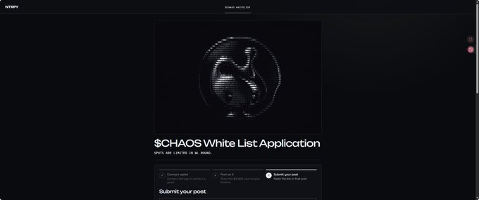A dark-themed webpage for a '$CHAOS White List Application' by BONSAI REVOLUTION, featuring a stylized skull logo and a form to connect a wallet, post on X, and submit.
