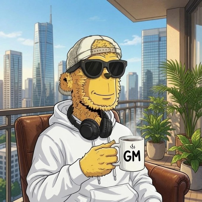 A cartoon illustration of a bear character wearing sunglasses, a backwards cap, and a white hoodie, holding a mug with "GM" text and wearing headphones, sitting on a balcony overlooking a city skyline.