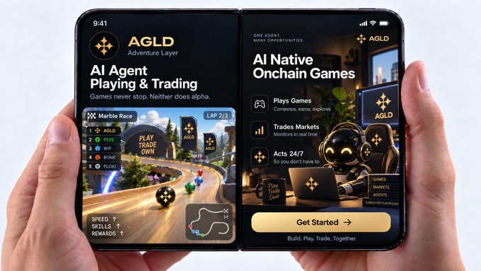 A promotional image of hands holding a foldable phone displaying the 'AGLD - Adventure Layer' app, featuring an AI Agent that plays games and trades, with screens showing a 'Marble Race' game and options for games, trades, and markets.