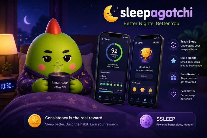 A promotional banner for the 'Sleepagotchi' app featuring the same green character in pajamas holding a 'Better Sleep' mug, alongside mobile app screens showing a 92 sleep score and reward system.