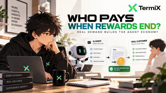 The image is a promotional graphic from **TermiX** featuring the headline **"WHO PAYS WHEN REWARDS END? REAL DEMAND BUILDS THE AGENT ECONOMY."** It depicts an anime-style character working on a laptop alongside a small robot labeled "AI Agent" offering services like Content Creation and Data Analysis, which connect to a "Real Customer" willing to pay for value through secure transactions—visually reinforcing the post's central question about whether AI agent services can sustain themselves once subsidies disappear.