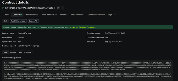 A blockchain explorer page displays contract details for PotluckV4Factory.sol (contract name: PotluckV4Factory) on the BNB chain, verified at Sep 27, 2026, with 12 transactions and 22 token transfers.