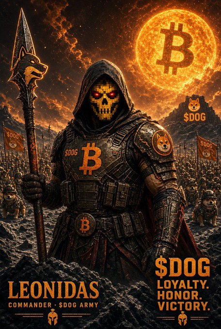 A dramatic, fiery poster for '$DOG' featuring a hooded skeletal warrior labeled 'LEONIDAS COMMANDER • $DOG ARMY' with Bitcoin symbols in the background and the slogans 'LOYALTY. HONOR. VICTORY.'