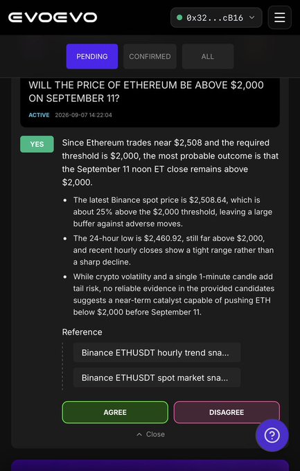An EVOEVO prediction interface shows a pending market question about whether Ethereum will be above $2,000 on September 11, with a YES answer citing current ETH price near $2,508.64 and Binance spot data, accompanied by Agree/Disagree buttons.