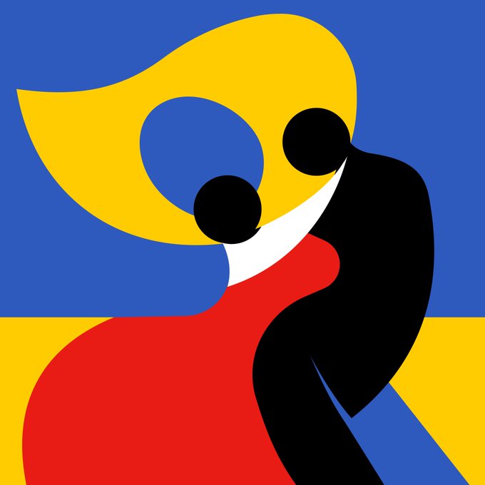 An abstract, modern illustration featuring a stylized figure with a yellow crescent-shaped head, black circular eyes, a white beak-like nose, and a red and black body against a split blue and yellow background.