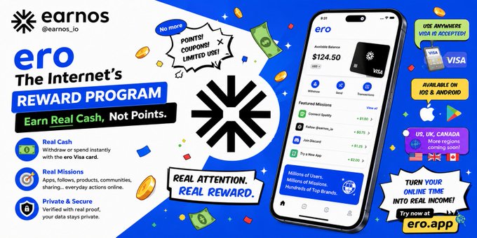 Promotional graphic for "ero" (earnos_io), "The Internet's REWARD PROGRAM" offering real cash rewards, showing a smartphone displaying the app interface with available Visa cards.