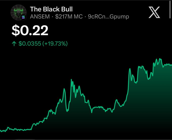 A crypto chart showing 'The Black Bull' token (ANSEM) with a $217M market cap, currently at $0.22, up 19.73% with a green upward trend line on the chart.