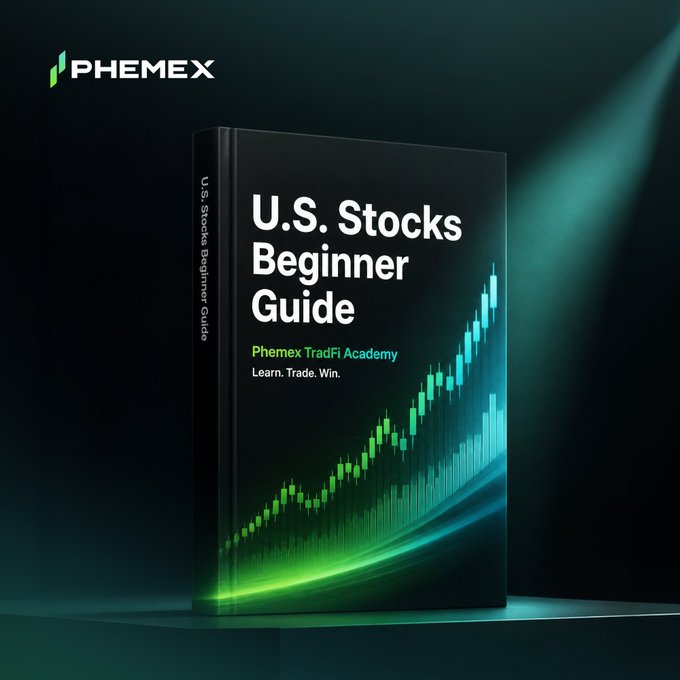 The image shows a Phemex-branded book titled "U.S. Stocks Beginner Guide" by Phemex TradFi Academy, featuring a green candlestick chart on a dark background, which serves as the reference material promoting Phemex's quiz about which currency is used to trade U.S. Stocks on their platform.