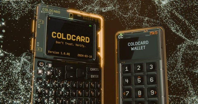 A product showcase of a COLDCARD hardware wallet displaying "COLD CARD Don't Trust. Verify." and "Version 1.0.00 2024-03-10" alongside a COLDCARD MK5 numeric keypad device.