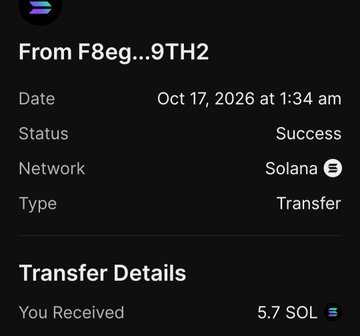 Image 2: A digital transaction receipt screen on a dark background shows a successful transfer from "F8eg...9TH2" on the Solana network, noting "You Received 5.7 SOL" dated Oct 17, 2026.