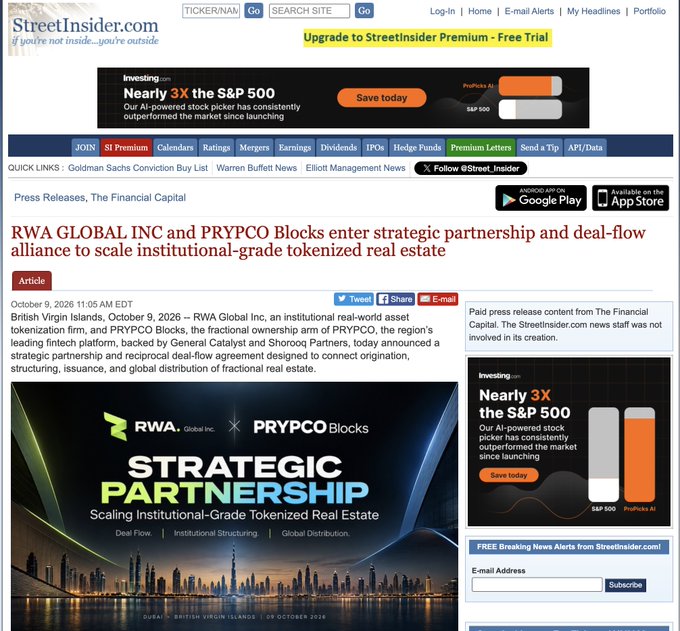 A StreetInsider.com article titled 'RWA GLOBAL INC and PRYPCO Blocks enter strategic partnership and deal-flow alliance to scale institutional-grade tokenized real estate', dated October 9, 2026.