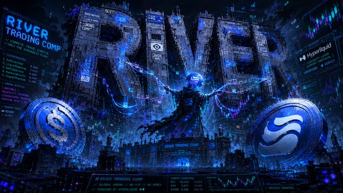 The image features a digital art piece that showcases an underwater city with a river flowing through it. The artist has used blue and purple colors for the river and surrounding elements, creating a visually striking scene. The text "RIVER" is prominently displayed in large letters at the center of the image, drawing attention to its central theme. The post also mentions the existence of other ecosystems like @RiverdotInc's ecosystem and the broader $RIVER ecosystem, which could be related to the river depicted in the artwork or possibly a different aspect of the digital art piece itself.