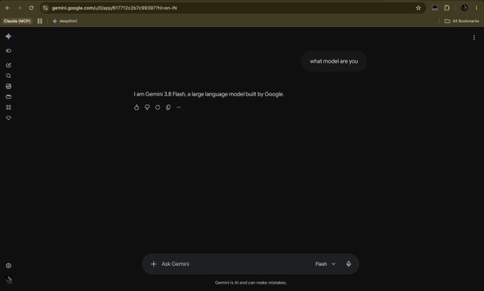 A user interacts with Google's Gemini AI chatbot, asking "what model are you" and receiving the response "I am Gemini 3.8 Flash, a large language model built by Google," confirming the launch of the new 3.8 Flash version.
