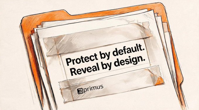 A sketchy illustration of a manila folder with a taped note reading "Protect by default. Reveal by design." alongside the Primus logo, visually reinforcing the post's message about shifting from on-chain transparency's drawbacks to a new paradigm of controlled, privacy-preserving disclosure in Web3.

The image's "protect by default, reveal by design" slogan directly embodies the post's core argument—that Primus is pioneering a privacy revolution by replacing absolute on-chain visibility with selective, user-controlled disclosure, removing the barrier preventing traditional capital from entering Web3.