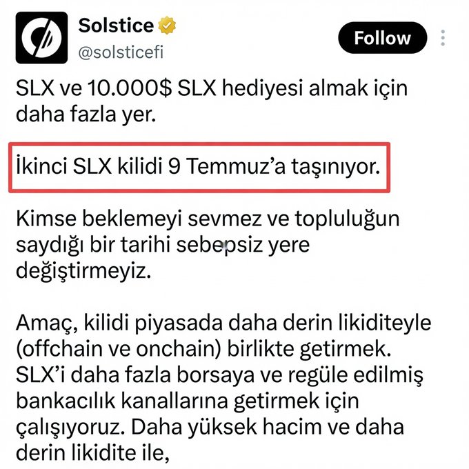 A Twitter/X post from @solsticefi in Turkish announcing that the second SLX unlock is being moved to July 9, with the line highlighted in a red box.
