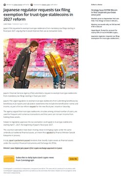 A CoinDesk news article titled 'Japanese regulator requests tax filing exemption for trust-type stablecoins in 2027 reform' dated June 5, 2025, about Japan's FSA proposing tax exemptions on crypto transfers.