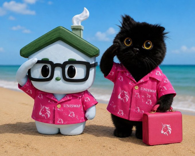Two characters—a plush mascot with a house-shaped head and glasses, and a fluffy black cat—pose on a sandy beach wearing matching pink Hawaiian shirts labeled "UNISWAP," with the cat holding a pink briefcase displaying the Uniswap logo, playfully supporting the brand referenced in the caption.