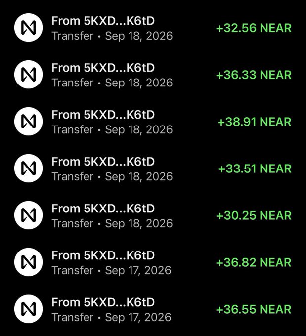 A list of seven cryptocurrency transactions showing transfers from the wallet 5KXD...K6tD, with incoming amounts ranging from +30.25 to +38.91 NEAR, dated September 17 and 18, 2026.