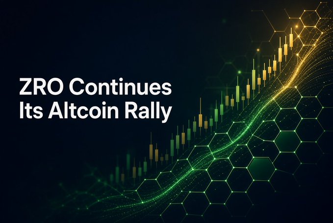 A dark themed graphic with the headline 'ZRO Continues Its Altcoin Rally' overlaid on a glowing green and gold candlestick chart with hexagonal patterns.