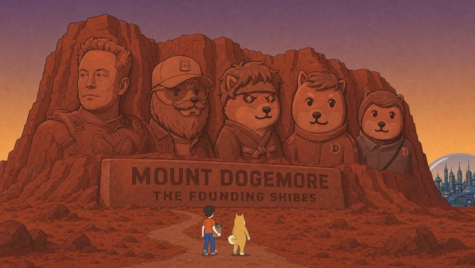 A parody of Mount Rushmore titled "MOUNT DOGEMORE: THE FOUNDING SHIBES," depicting Elon Musk alongside four dog-faced figures, with two small characters standing at the base looking up.