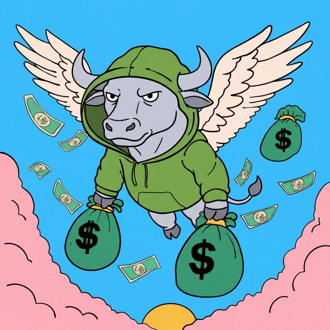 The cartoon depicts an anthropomorphic bull with angel wings and a green hoodie flying through pink clouds while clutching two money bags marked with dollar signs, as cash bills flutter around it. The imagery cleverly ties to the post's theme of Bullion ($BULLION) cryptocurrency, with the flying bull symbolizing wealth rising and the "flywheel" concept referenced in the text being visually represented by the bull soaring upward with its financial gains.