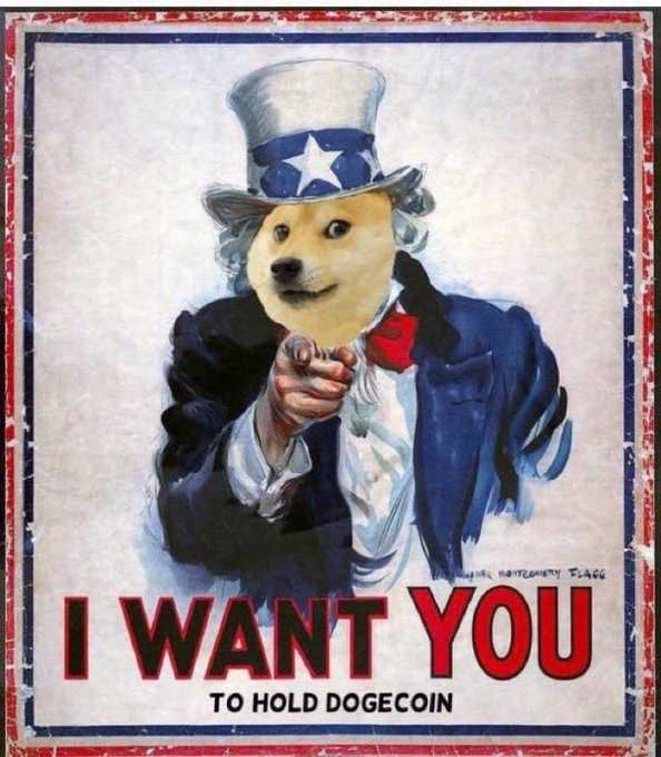 A meme poster styled after the classic Uncle Sam recruitment poster, featuring a Shiba Inu dog in a star-spangled top hat pointing at the viewer, with text reading 'I WANT YOU TO HOLD DOGECOIN'.