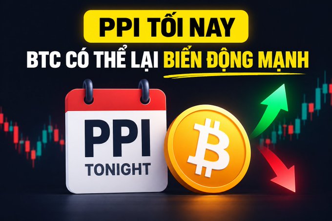 A graphic with yellow and white text reading 'PPI TỐI NAY' and 'BTC CÓ THỂ LẠI BIẾN ĐỘNG MẠNH' above a calendar labeled 'PPI TONIGHT', a Bitcoin coin, green and red arrows, and a candlestick chart background.