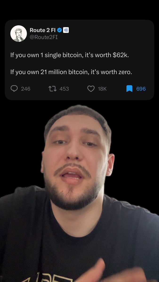 The image features a man wearing a black t-shirt, with his face partially visible behind him as he speaks into a microphone or camera. The caption below the photo reads "A few people can understand that quote correctly If you own a whole circulation of Bitcoin it's worth zero". This statement is related to the image because it seems to be discussing the value of Bitcoin and its worth in comparison to owning a single Bitcoin.