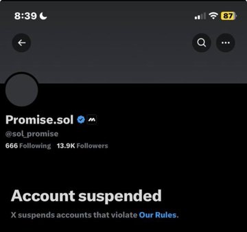 The image shows a suspended X (formerly Twitter) profile page for "Promise.sol" (@sol_promise) with 666 Following and 13.9K Followers, displaying the message "Account suspended — X suspends accounts that violate Our Rules." This relates to the post by illustrating the account being suspended for the second time, as referenced by "2-time x suspension survivor."