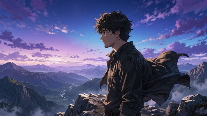 An anime-style young man with windswept dark hair and a flowing coat gazes out over a vast mountainous landscape under a dramatic purple and blue sunset sky. The image's solitary figure surveying expansive horizons visually echoes the post's theme of building foundational Web3 identity infrastructure—a lone visionary overlooking a new frontier.