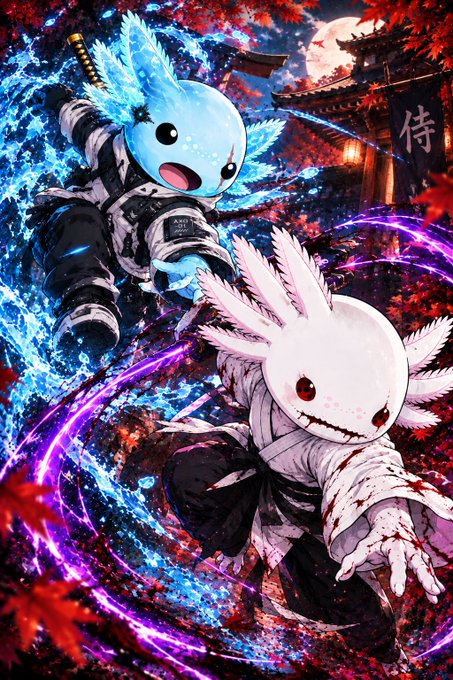 Anime illustration featuring two axolotl-like creatures with ninja gear, one wielding a katana against a backdrop of blue flames and a Japanese temple with the character "侍" (samurai).