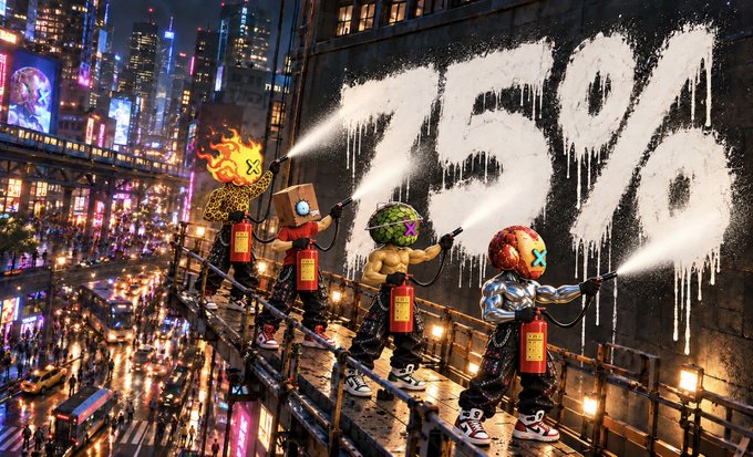 An AI-generated artwork shows three characters with fire, broccoli, and ice cream heads spraying paint onto a wall to create the word 'DREAM' against a city skyline backdrop.