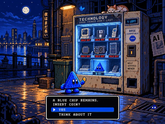 Pixel art scene showing a blue triangular character at a vending machine labeled 'TECHNOLOGY - SOME THINGS DON'T LAST' at night in a city setting, with a dialogue box asking 'A BLUE CHIP REMAINS. INSERT COIN?' with options 'YES' and 'THINK ABOUT IT'.
